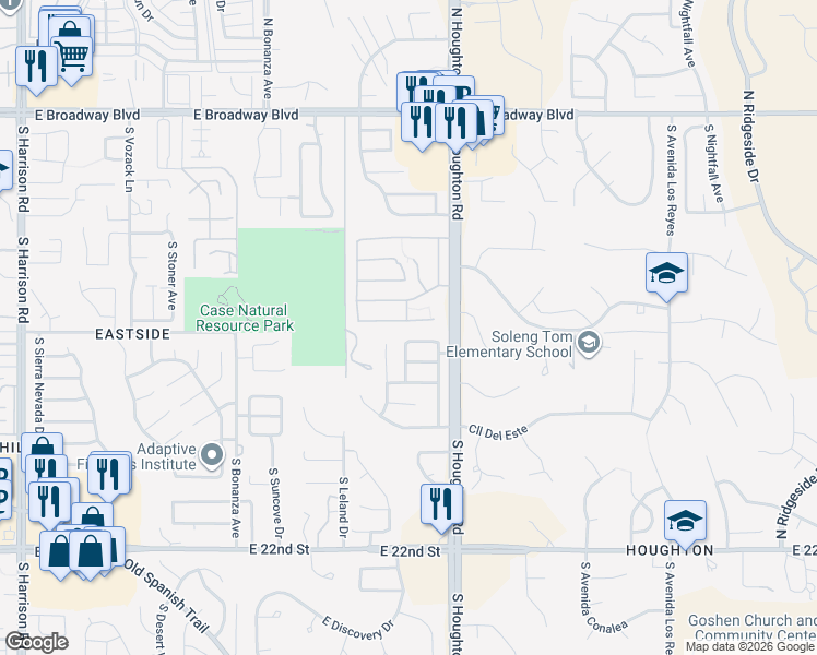 map of restaurants, bars, coffee shops, grocery stores, and more near 10197 East Essex Village Drive in Tucson