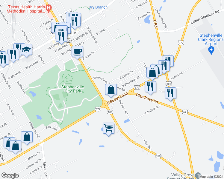 map of restaurants, bars, coffee shops, grocery stores, and more near 838 Riverside Drive in Stephenville