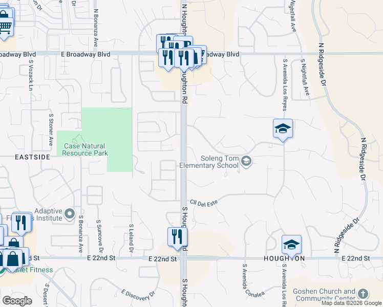 map of restaurants, bars, coffee shops, grocery stores, and more near 10312 East Camino De La Placita in Tucson