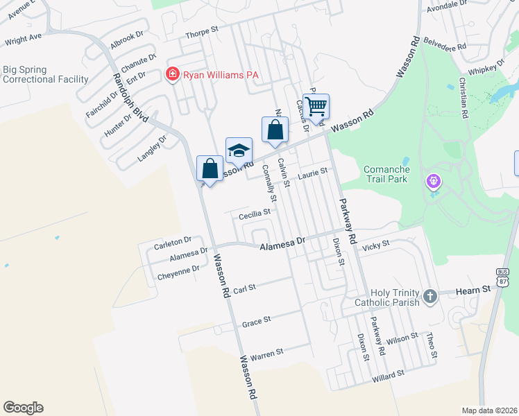 map of restaurants, bars, coffee shops, grocery stores, and more near 2100 Cecilia St in Big Spring