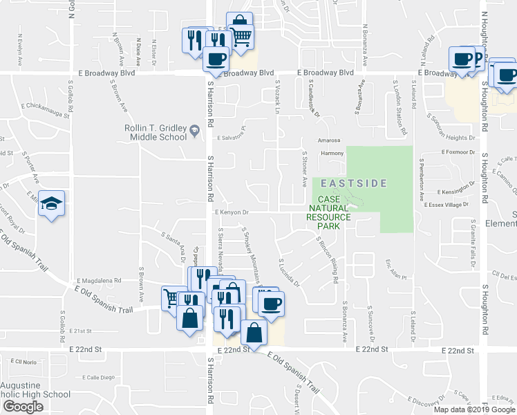 map of restaurants, bars, coffee shops, grocery stores, and more near 570 South Slate Mountain Drive in Tucson