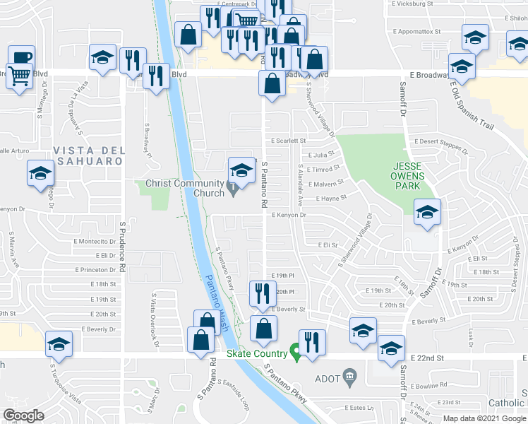 map of restaurants, bars, coffee shops, grocery stores, and more near 602 South Pantano Road in Tucson