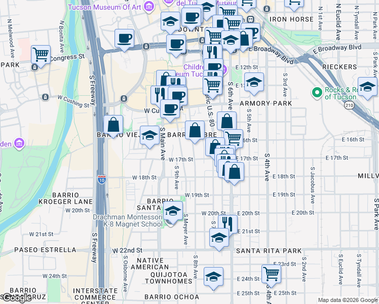 map of restaurants, bars, coffee shops, grocery stores, and more near 517 South Convent Avenue in Tucson
