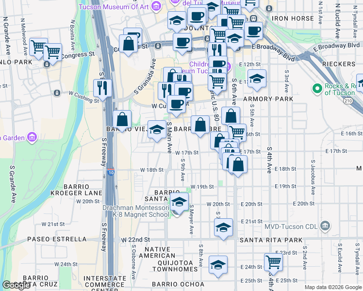 map of restaurants, bars, coffee shops, grocery stores, and more near 558 South Meyer Avenue in Tucson