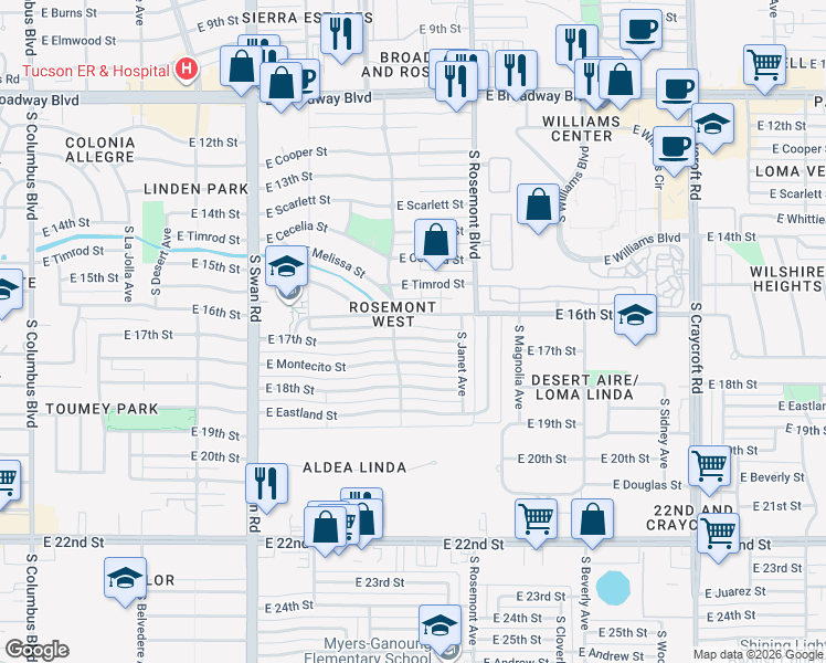 map of restaurants, bars, coffee shops, grocery stores, and more near 4917 East 17th Street in Tucson