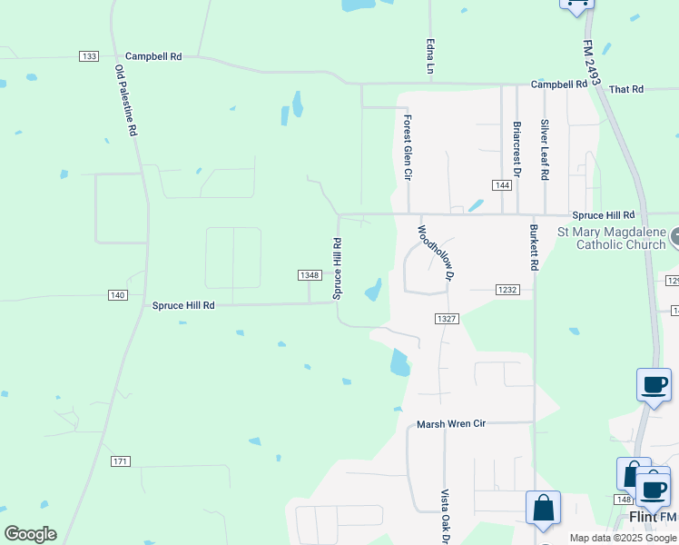 map of restaurants, bars, coffee shops, grocery stores, and more near Spruce Hill Road in Flint