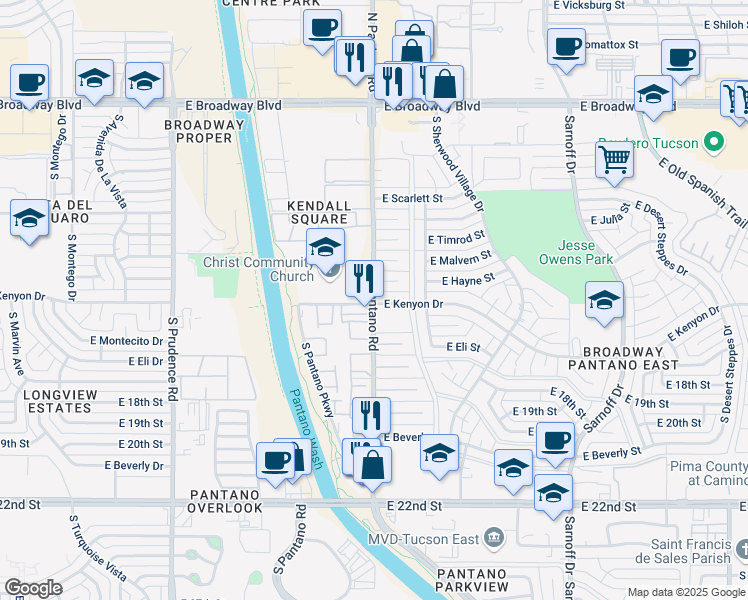 map of restaurants, bars, coffee shops, grocery stores, and more near 602 South Pantano Road in Tucson