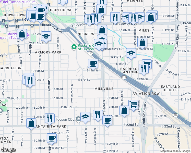 map of restaurants, bars, coffee shops, grocery stores, and more near 909 E 17th St in Tucson