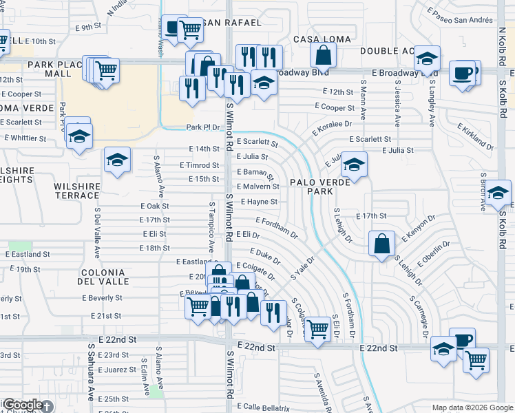 map of restaurants, bars, coffee shops, grocery stores, and more near 6350 East Hayne Street in Tucson
