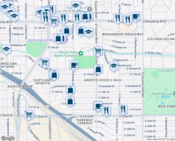 map of restaurants, bars, coffee shops, grocery stores, and more near 2345 East 17th Street in Tucson