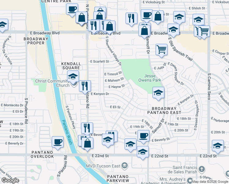 map of restaurants, bars, coffee shops, grocery stores, and more near 8051 East Kenyon Drive in Tucson