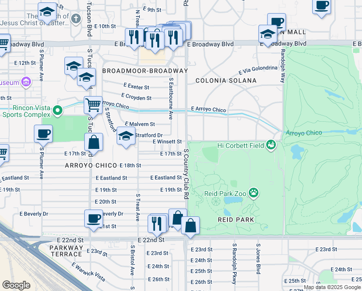 map of restaurants, bars, coffee shops, grocery stores, and more near in Tucson