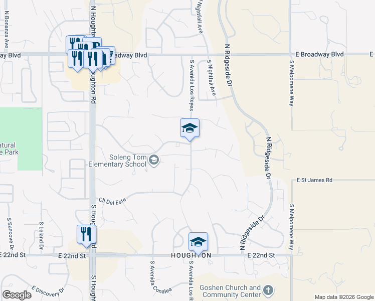 map of restaurants, bars, coffee shops, grocery stores, and more near 10682 East Camino Quince in Tucson