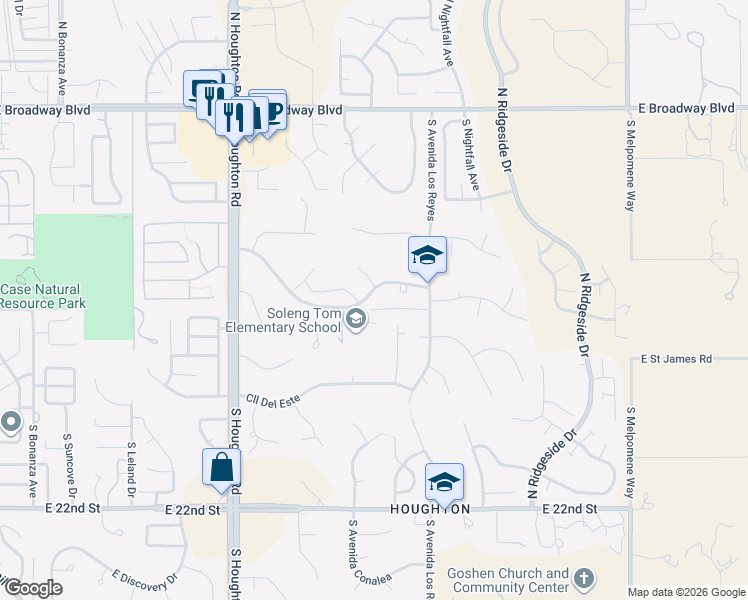 map of restaurants, bars, coffee shops, grocery stores, and more near 10628 East Camino Quince in Tucson