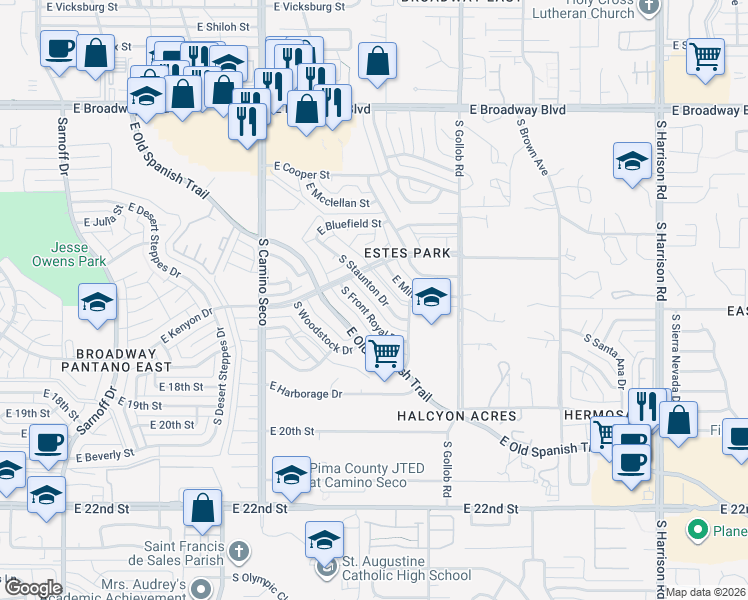 map of restaurants, bars, coffee shops, grocery stores, and more near 532 South Staunton Drive in Tucson