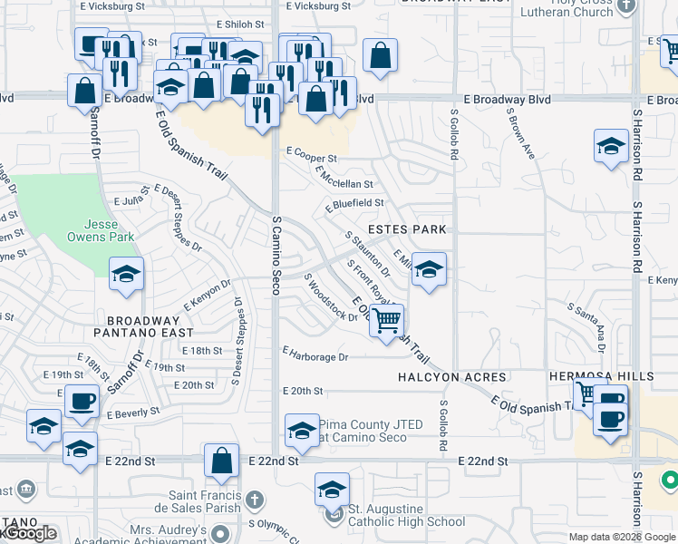 map of restaurants, bars, coffee shops, grocery stores, and more near 608 South Front Royal Drive in Tucson