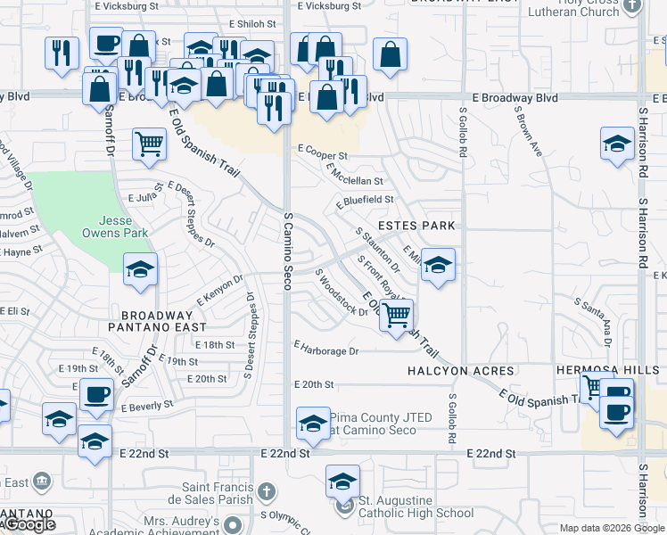 map of restaurants, bars, coffee shops, grocery stores, and more near 8778 East Kenyon Terrace Drive in Tucson