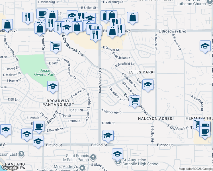 map of restaurants, bars, coffee shops, grocery stores, and more near 8706 East Kenyon Terrace Drive in Tucson