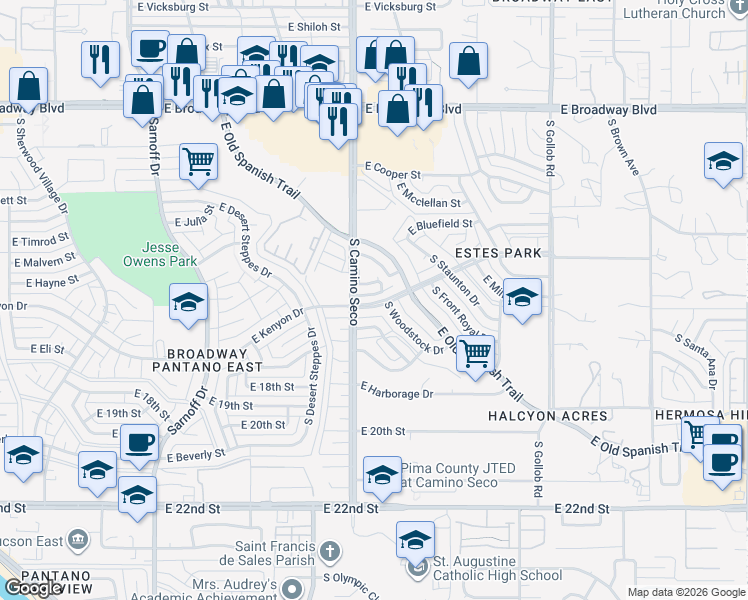 map of restaurants, bars, coffee shops, grocery stores, and more near 8706 East Kenyon Terrace Drive in Tucson