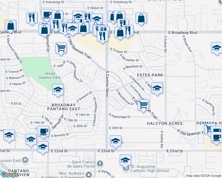 map of restaurants, bars, coffee shops, grocery stores, and more near 8706 East Kenyon Terrace Drive in Tucson