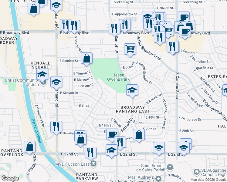map of restaurants, bars, coffee shops, grocery stores, and more near 8245 East Lynch Place in Tucson