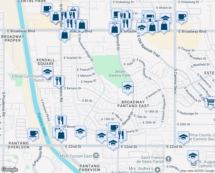 map of restaurants, bars, coffee shops, grocery stores, and more near 8210 East Lynch Place in Tucson