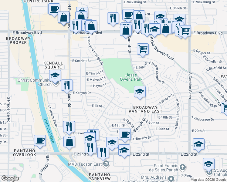map of restaurants, bars, coffee shops, grocery stores, and more near 8210 East Lynch Place in Tucson