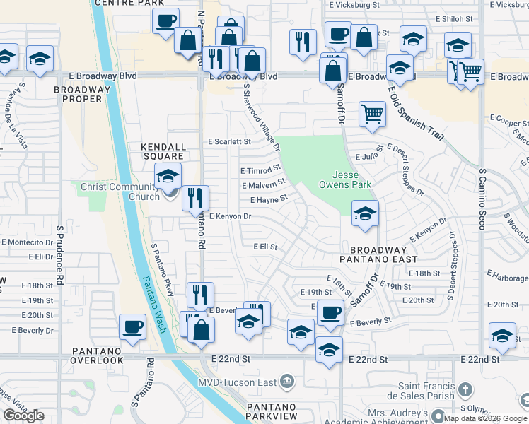 map of restaurants, bars, coffee shops, grocery stores, and more near 8051 East Kenyon Drive in Tucson