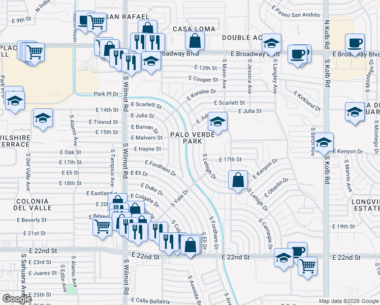 map of restaurants, bars, coffee shops, grocery stores, and more near 525 South Harvard Avenue in Tucson