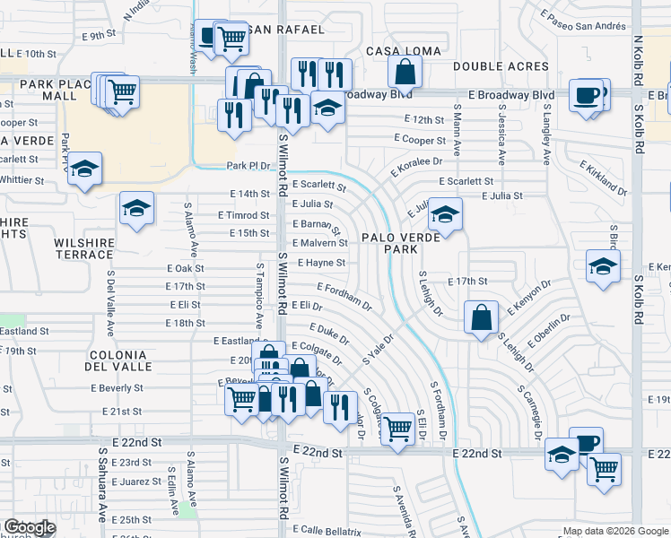 map of restaurants, bars, coffee shops, grocery stores, and more near 6350 East Hayne Street in Tucson