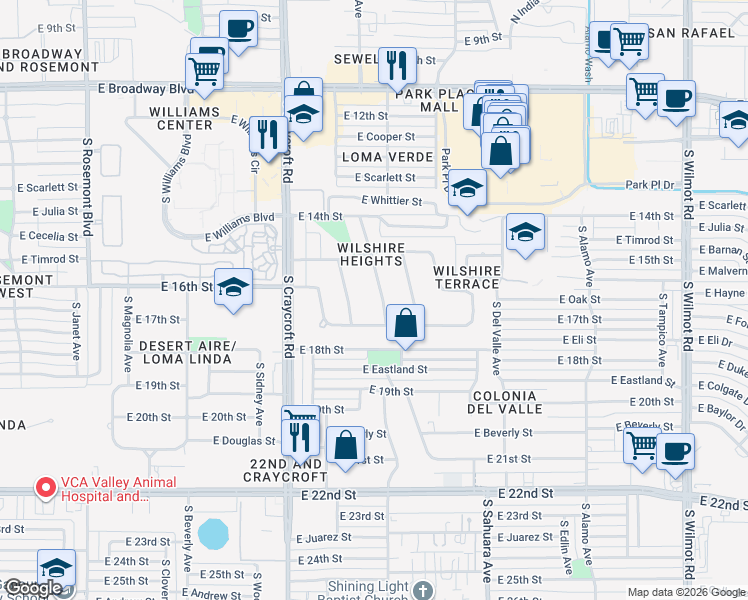 map of restaurants, bars, coffee shops, grocery stores, and more near 501 South Essex Lane in Tucson