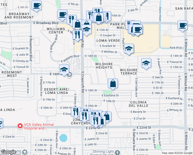 map of restaurants, bars, coffee shops, grocery stores, and more near 501 South Downing Lane in Tucson
