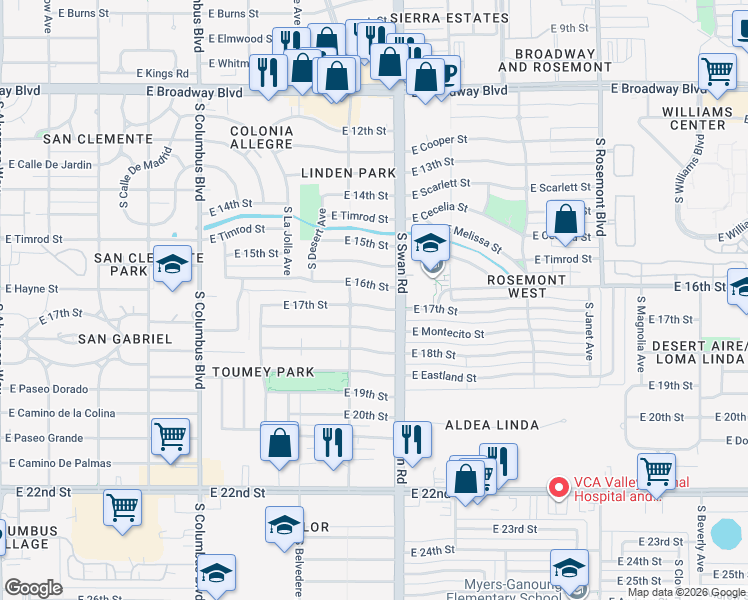 map of restaurants, bars, coffee shops, grocery stores, and more near 4625 East 17th Street in Tucson