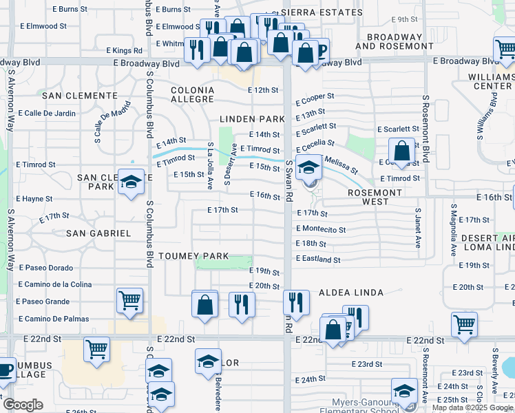 map of restaurants, bars, coffee shops, grocery stores, and more near 4625 East 17th Street in Tucson