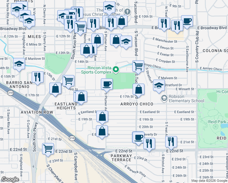 map of restaurants, bars, coffee shops, grocery stores, and more near 2232 East Winsett Street in Tucson