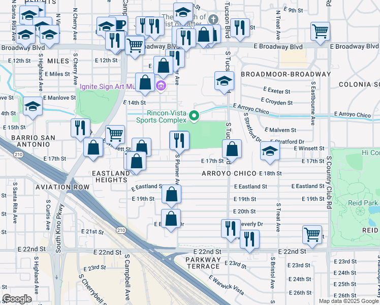map of restaurants, bars, coffee shops, grocery stores, and more near 2232 East Winsett Street in Tucson