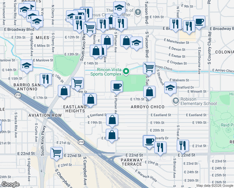 map of restaurants, bars, coffee shops, grocery stores, and more near 606 South Plumer Avenue in Tucson