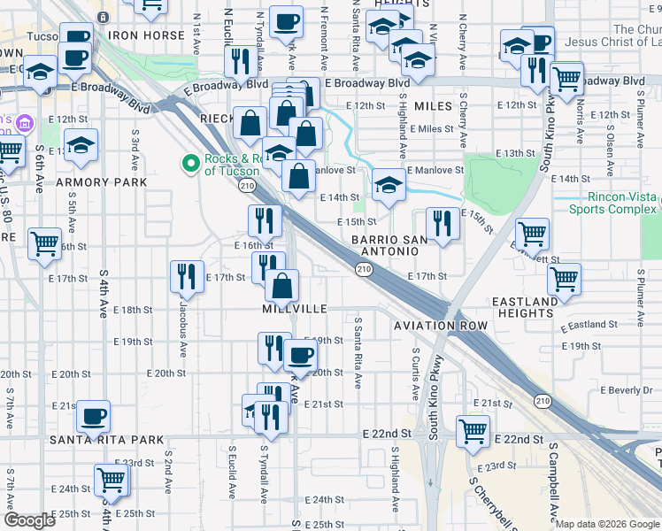 map of restaurants, bars, coffee shops, grocery stores, and more near 1001 South Mill Street in Tucson