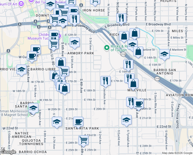 map of restaurants, bars, coffee shops, grocery stores, and more near 632 S 2nd Ave in Tucson