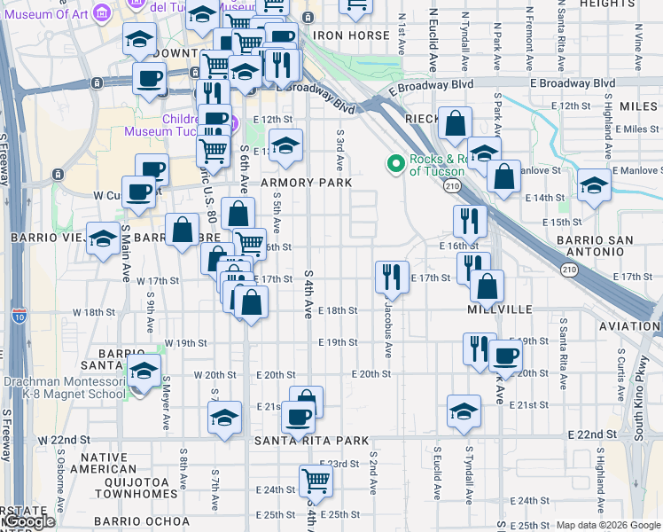 map of restaurants, bars, coffee shops, grocery stores, and more near 617 South 3rd Avenue in Tucson