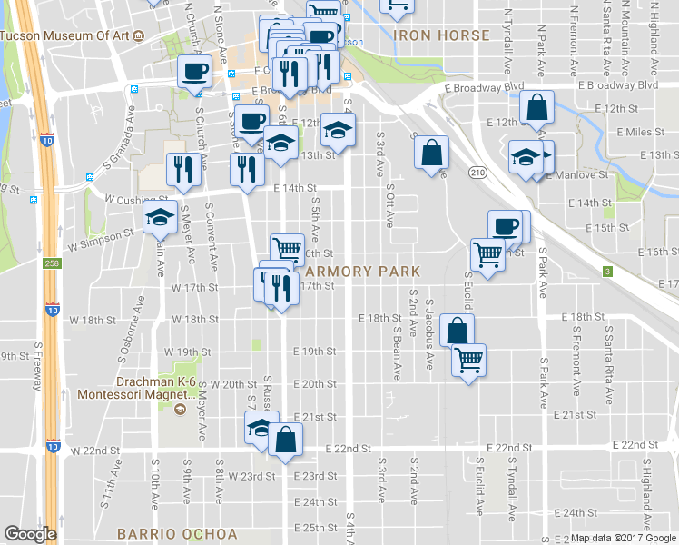 map of restaurants, bars, coffee shops, grocery stores, and more near 629 South 4th Avenue in Tucson