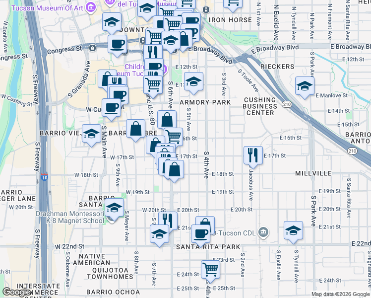 map of restaurants, bars, coffee shops, grocery stores, and more near 619 South 5th Avenue in Tucson