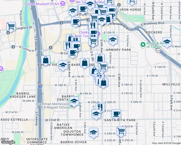 map of restaurants, bars, coffee shops, grocery stores, and more near 564 South Stone Avenue in Tucson