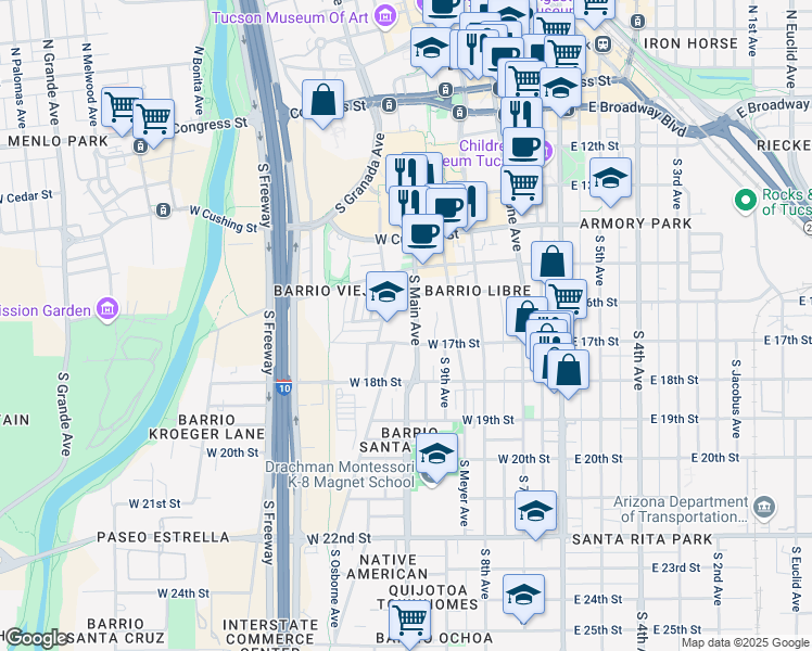 map of restaurants, bars, coffee shops, grocery stores, and more near 570 South Main Avenue in Tucson