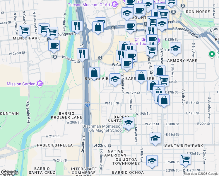 map of restaurants, bars, coffee shops, grocery stores, and more near 407 West Carrillo Street in Tucson
