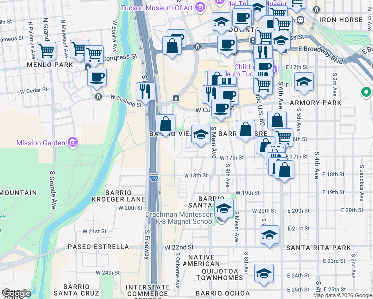 map of restaurants, bars, coffee shops, grocery stores, and more near 415 West Carrillo Street in Tucson