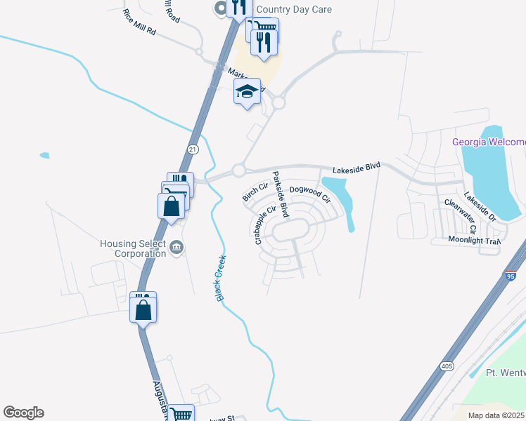 map of restaurants, bars, coffee shops, grocery stores, and more near 6 Crabapple Circle in Savannah