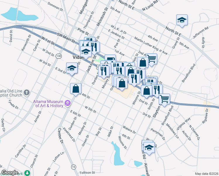 map of restaurants, bars, coffee shops, grocery stores, and more near 304 2nd Street in Vidalia