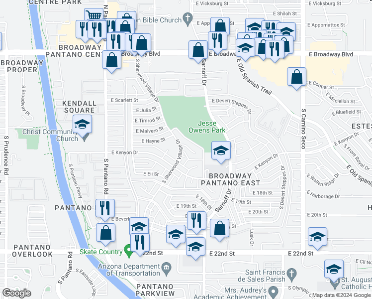 map of restaurants, bars, coffee shops, grocery stores, and more near 8210 East Lynch Place in Tucson