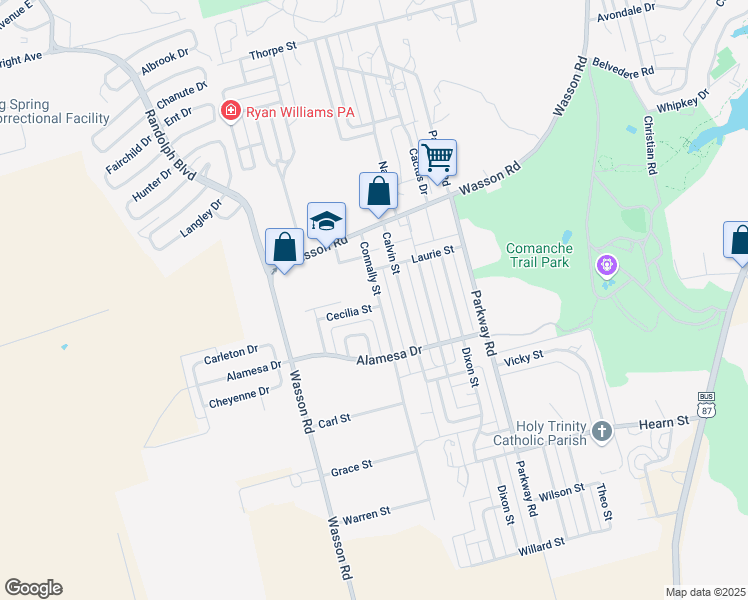 map of restaurants, bars, coffee shops, grocery stores, and more near 2100 Cecilia Street in Big Spring